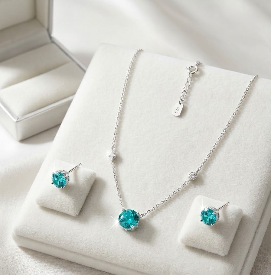 Conjunto Colar e Brincos Ponto de Luz em Zirconia Azul Aguas Marinhas em Prata 925