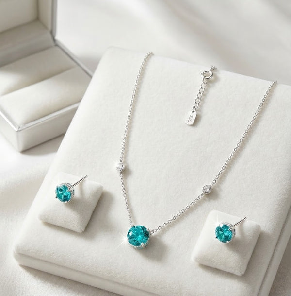 Conjunto Colar e Brincos Ponto de Luz em Zirconia Azul Aguas Marinhas em Prata 925