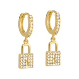 Brinco Dourado de Argolinha com Cadeado Cravejado de Zircônias