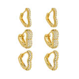 Trio Dourado de Argolinhas de Coração Cravejados de Zircônia