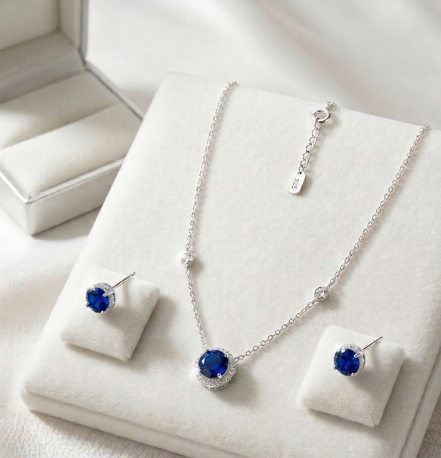 Conjunto Colar e Brincos Ponto de Luz Azul Profundo em Prata 925