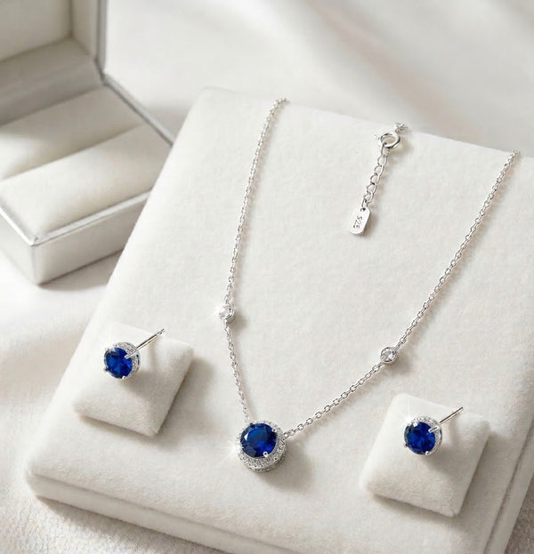 Conjunto Colar e Brincos Ponto de Luz Azul Profundo em Prata 925