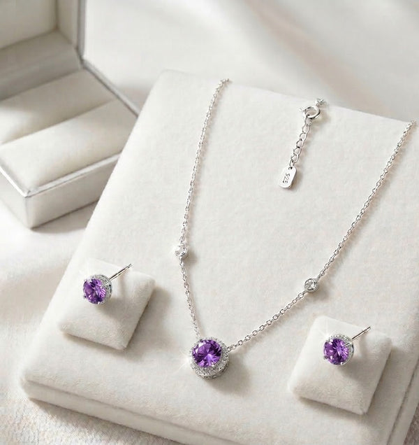 Conjunto Colar e Brincos Ponto de Luz em Zirconia Roxo Ametista em Prata 925