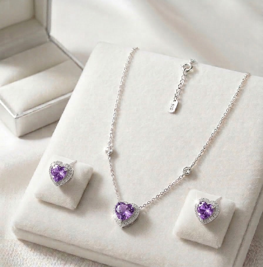 Conjunto Colar e Brindo Coração em Zirconia Roxo Ametista